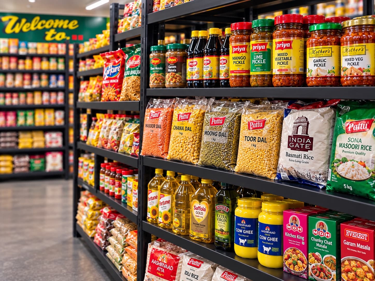 Spices, dals, rice, ghee and cooking oils on the grocery shelves at FreshCo Hub