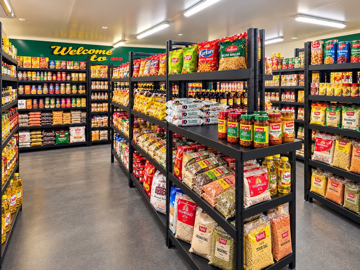 Inside FreshCo Hub, looking down the grocery aisle toward the welcome wall